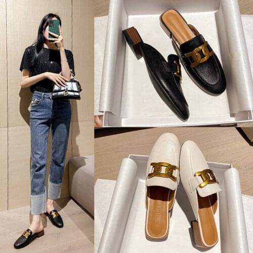 2021 European Women Shoes Spring Flat Loafers Ladies Flats Luxury Slides PU Leather Loafers Mules Slippers Anti Slip Slippers