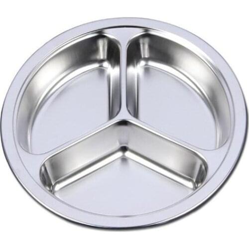 25.5CM Stainless Steel Fast Food Tray Restaurant Hotel Service Tray 3-Grid Round Snack Tray Kitchen Canteen Dining Plate