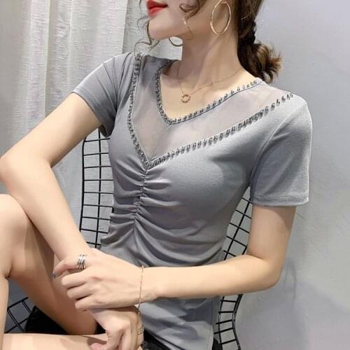 #5975 Black Grey See Through T Shirt Women V Neck Sexy Basic T Shirts Female Beading Slim T-shirt Spliced Mesh Womens Tee Shirts