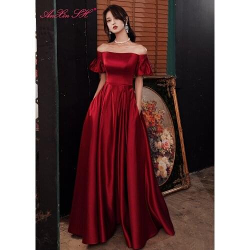 AXJFU pink bow Evening Dress Sexy boat-neck Lace beach Bride Party princess ruffles evening dress Robe De Soiree