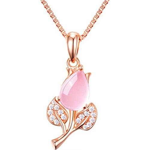 Shiny Crystal Pink Flower Pendant Necklace For Women Jewelry CZ Princess Silver 925 Necklace Girl Clavicle Bijou Female Gift