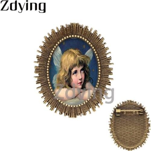 Zdying Classic Virgin Mary Angels Oval Shape Brooches Badge Glass Cabochon Photo Dome Metal Pins Christian Jewelry AT22