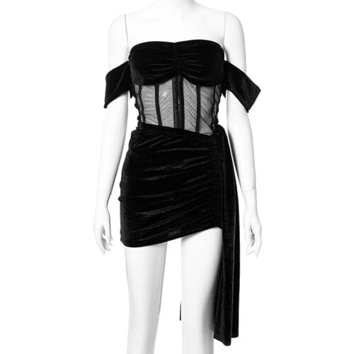 Black Summer Womens Dress Soild Mesh Sexy One shoulder Short Dress V Neck See Though Splice Draw Pleated Skirt Suit 2021