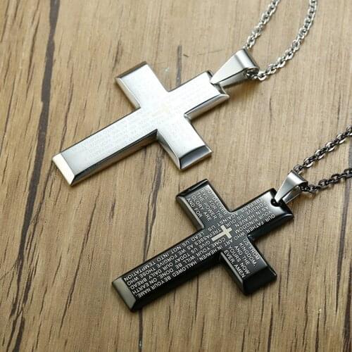 Black Cross Pendants for Men Necklace Engraved Bible Verse Stainless Steel Necklaces Casual Male Prayer Jewelry