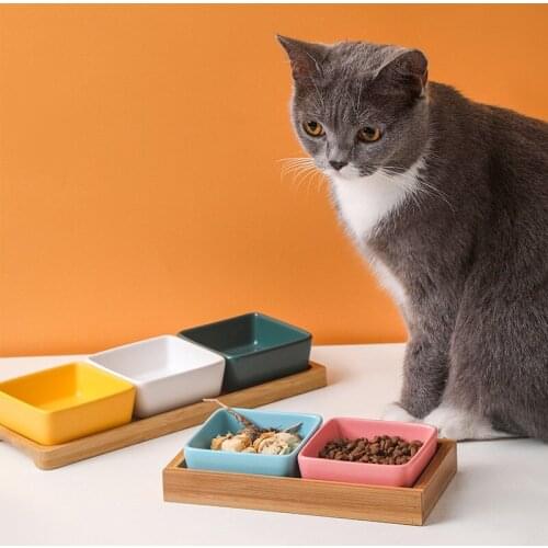Ceramic Cat Dog Bowl Puppy Kitten Anti-Tipping Pet Feeder Easy To Clean with Tray Square Pet Feeding Supplies Multiple Color Opt