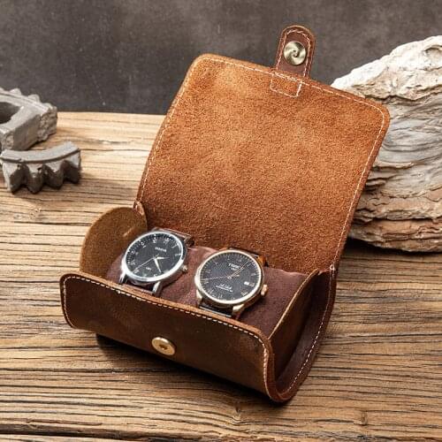 Cow Leather 2 Slot Watch Box Handmade Watch Roll Travel Case Wristwatch Pouch Exquisite Retro Slid in Out Organizer
