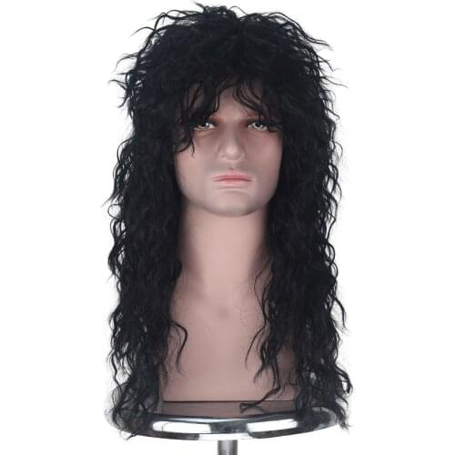 70s 80s Halloween Costumes Rocking Dude Black Long Fluffy Curly Synthetic Hair Wigs Punk Metal Rocker Disco Mullet Cosplay Wig