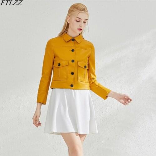 FTLZZ New Spring Women Faux Leather Jacket Casual Single Breasted Motorcycle Short Jacket Windproof Soft PU Leather Coat