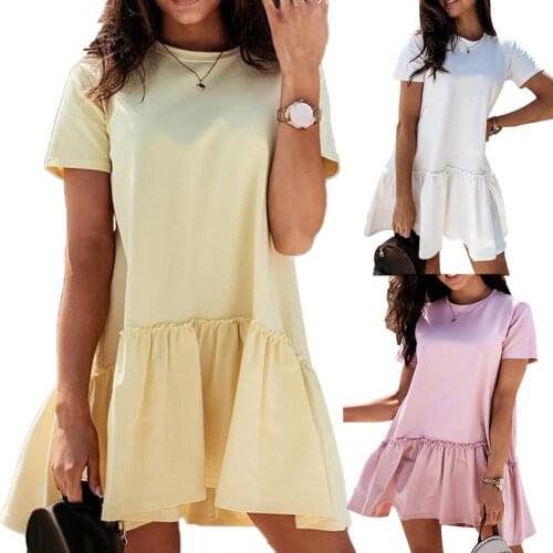 Fashion Women Solid Color O Neck Short Sleeve Ruffled Hem A Line Mini Dress