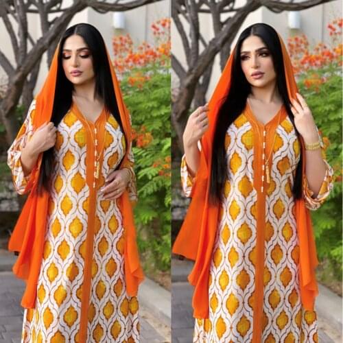 Fashion Muslim Jalabiya Orange Dubai Hijab Dress For Women Eid 2021 Moroccan Turkey Arabic Oman Islamic Clothing