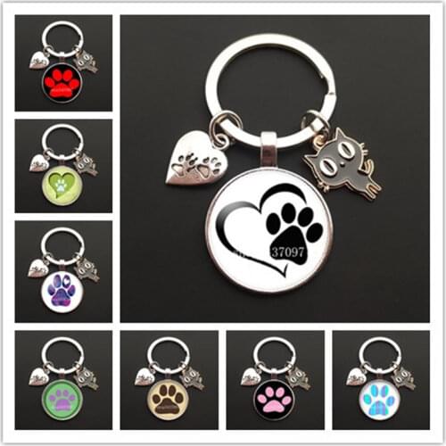 Fashion cute animal paw print keychain cat dog I love glass pendant mini heart keyring car key man girl favorite gift souvenir