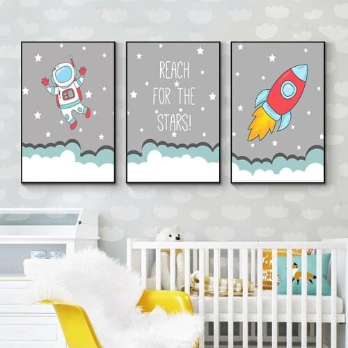 Kawaii Spaceman Wall Art Canvas Nursery Poster Print Cartoon Rocket Painting Nordic Kids Decoration Picture Baby Boy Room Decor