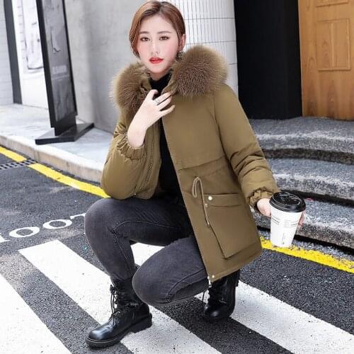 2021 New Thick Cotton Jacket Fashion Adjustable Waist Fur Collar Winter Jacket Women Medium Long Hooded Parka Coat e210