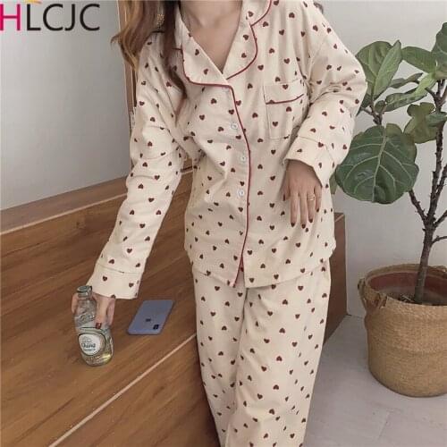 Women Long Sleeve Nightwear Autumn Winter 100% Cotton Woven Pajama Set Turn-down Collar Heart Printing Pyjamas Femme Loungewear