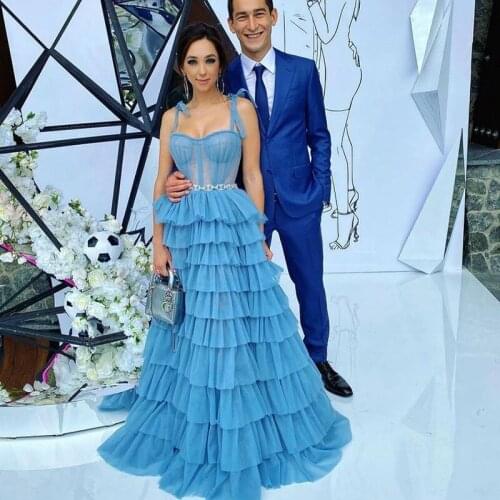 Stunning Blue Spaghetti Strap Prom Dresses Ruffles Tier Skirt Illusion Top Special Occasion Party Gowns
