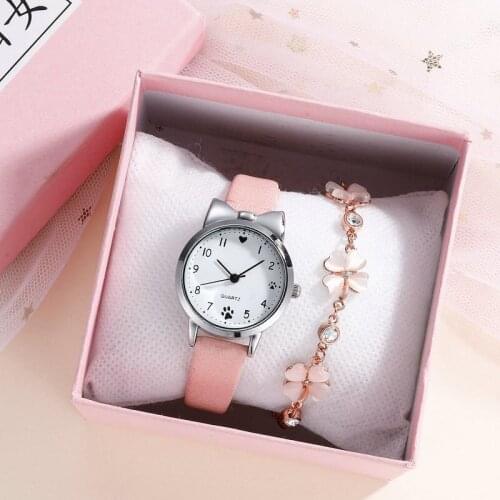 1pcs Casual Girl Cat Watch for Kids Cute Leather Strap Watch Lovely Children Quartz Wristwatch Student Clock Gift