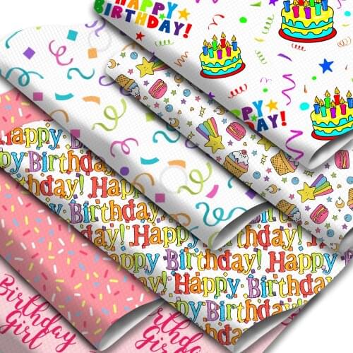 Happy Birthday Theme Faux Leather Sheets Cake Candy Letters Pattern Printed Synthetic Leather Fabric Roll for Bows Earrings