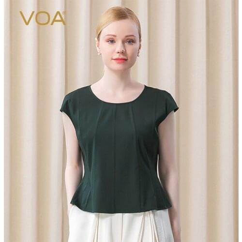 VOA Printed Silk O-Neck Bag Rotator Cuff Eight-open Waist Slim Daily Wild Pullover T-shirt Summer Graphic Tee Women Tops B2706