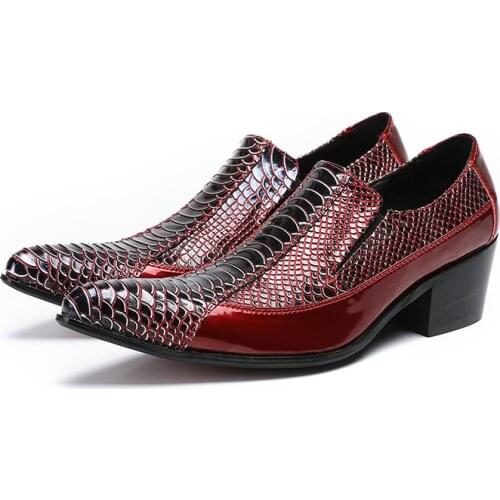 Fashion High Heels Mens Shoes Genuine Leather Red Snake Skin Pointed Toe Shoes Wedding Office Formal Shoes Zapatos De Hombre