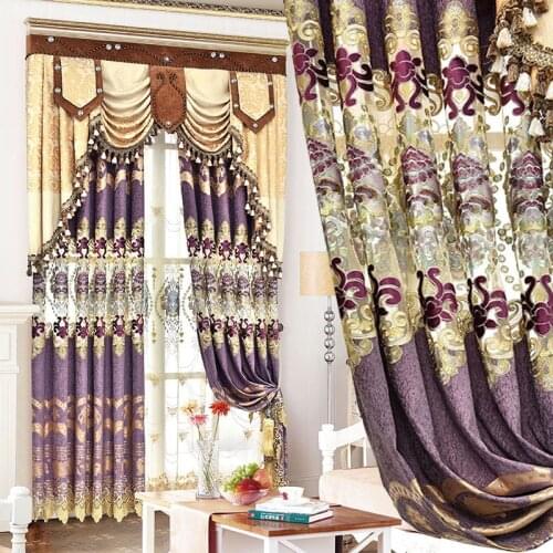 Custom curtains High-grade thick chenille luxury European embroidery purple cloth blackout curtain tulle valance drape