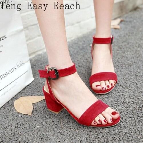 2021 Summer Faux Suede Blue Red Open Toe Buckle Strap Chunky High Heels Womens Shoes Sexy Female Sandals Big Size 33-48