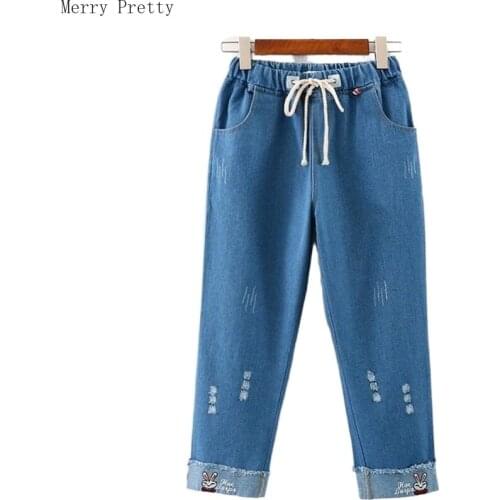 Women Cartoon Rabbit Embroidery Blue Jeans Female Mid Waist Calf Length Pants Harem Pants 2020 Summer New Arrival Denim Pants