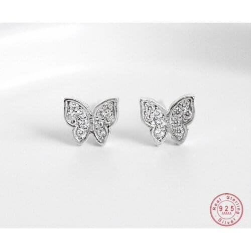 925 Sterling Silver Korean Version Simple Pavé Zircon Butterfly Earrings Women Fashion Girly Style Student Jewelry Accessories