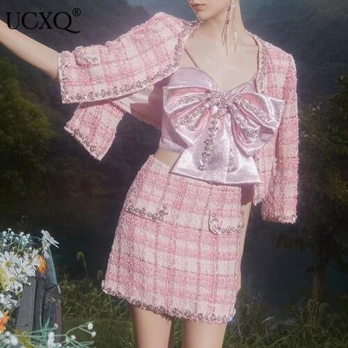 UCXQ Woman Suit Diamond Pink Plaid O Collar Long Tweed Jacket + Mini Length Skirt Three Piece Set Vintage 2021 New Autumn23XM688