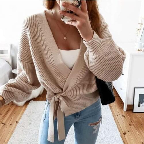Womens Sweater V-Neck Lace Up Bow Cardigan Outerwear Solid Color Casual Long Sleeve Knitted Sweaters Tops for Lady Autumn New