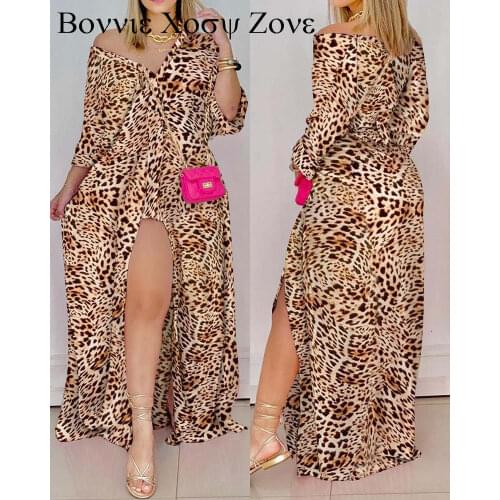 Leopard Print Button Design High Slit Maxi Dress Three Quarter Length V-Neck Shirt Long Front Slit Summer Dresses For Women 2021