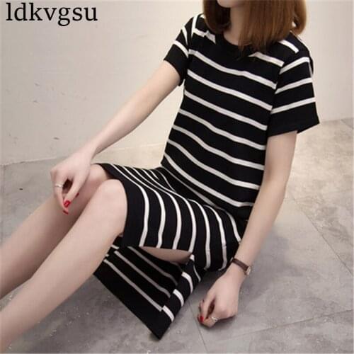 2020 New Summer Striped Sweater Female Pullover O-neck Short Sleeve Knitted Dress Women Summer Bottoming Shirt Plus Size A439