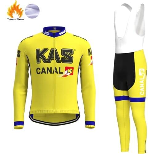 1988 Racing KAS Team Retro Man Fleece Yellow Cycling Jersey Long sleeve Set clothing Winter Biker Jersey Outfit maillot ciclismo