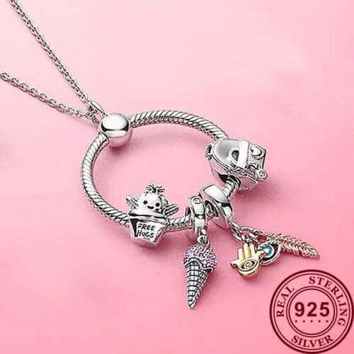 2020 New 100% 925 Sterling Silver 1:1 Spring Ice Cream Cactus Backpack Hand Letter O Pendant Pan necklace Female