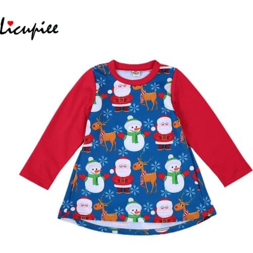 2020 Christmas Girls Dress Round Neck Long Sleeve Printed One-pieces Suitable for Travelling Vacation Party 1-5 Years