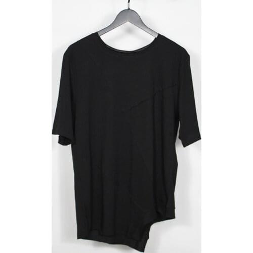 2020 Japanese benshanyao style trend simple solid color splicing short sleeve hairstylist asymmetric round neck T-shirt for men
