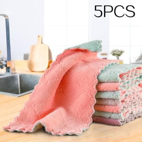 5pcs Is Cheaper Double-layer Absorbent Microfiber Kitchen Dish Wiping Cloth Non-stick Oil Household Cleaning Towel Kichen Tools