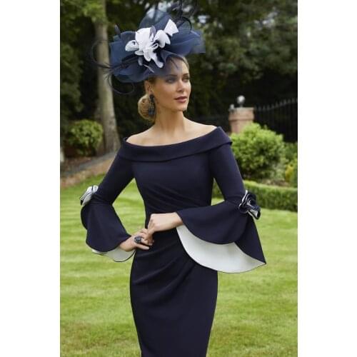 Tailor Shop mother of bride navy formal gown blue white crepe off shoulder evening gown bell sleeve plus size ruched dress