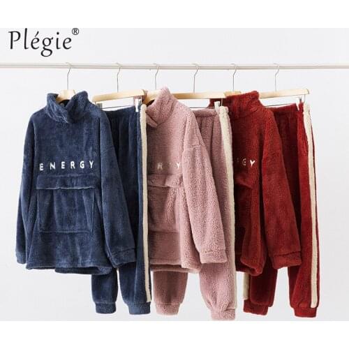 Stand Collar Velvet Thick Warm Womens Winter Pajamas Set Flannel Couple Homewear Suit Pink Red Two-piece Sleepwear Female