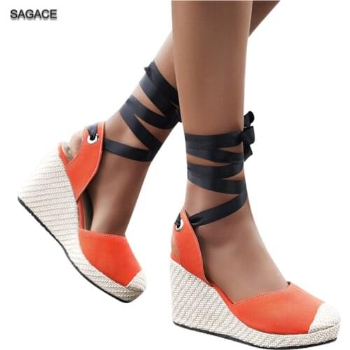 SAGACE Women Bohemian Canvas Lace-Up Sandals Thick-Soled Ethnic Style Wedge Shoes Fashion Female Slides Summer Shoes Sandalias