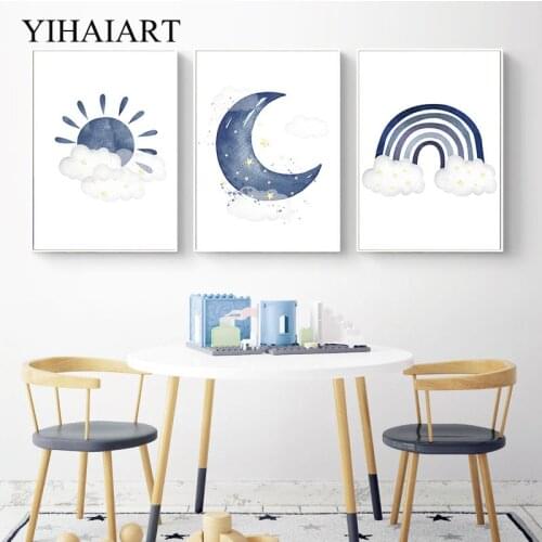 Boho Style Cartoon Painting Rainbow Sun Moon Picture Baby Nursery Blue Canvas Wall Art Print Nordic Kids Boy Bedroom Decoration