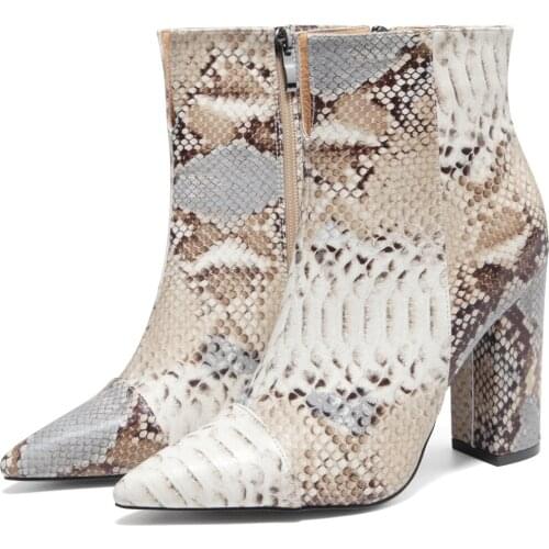 Big Size Martin boots Women Zipper Boots Snake Print Ankle Boots Square heel Pointed Toe Ladies Sexy Shoes Chelsea Boots