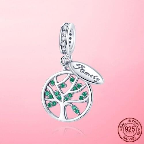Family Tree Charms Pendant 925 Sterling Silver Green CZ Family Tree Charm Beads fit Original Pandora Bracelet Necklace Jewelry