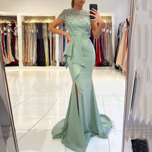 Elegant O Neck Short Sleeves Mother of The Bride Dress Beading Lace Sweep Train Mermaid Wedding Guest Dresses Party Gowns