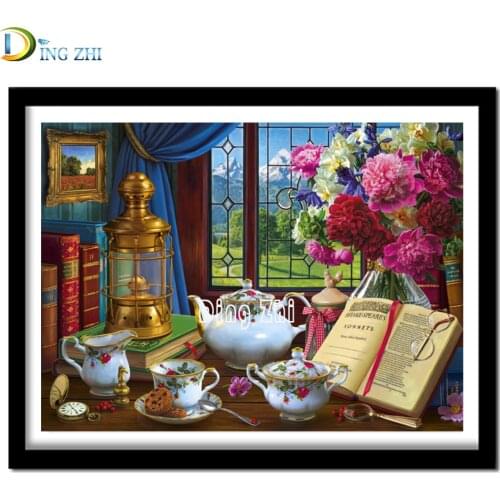 European Style Window Scenery Diamond Mosaic Flower Coffee Cup 5D DIY Diamond Painting Full Square Round Diamond Embroidery Kit