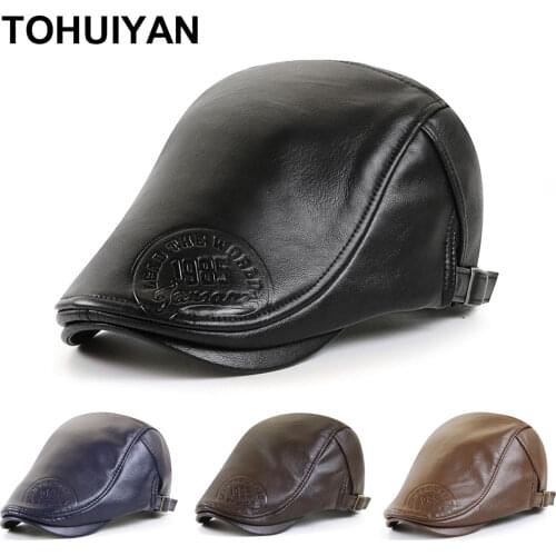 Top Level Leather Newsboy Cap for Men Autumn Winter Warm Beret Hat Gorras Planas Cabbie Hats Vintage Male Boinas Flat Caps