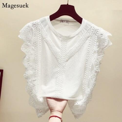 Fashion Short Sleeve Woman Blouses 2021 Summer White Womens Shirt Hollow Lace Chiffon Blouse Female Plus Size Blouses Tops 4695