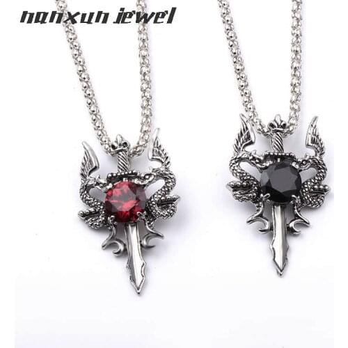 2019 Rock Punk Sword Dragon Pedant Necklace Red/Black Crystal Chain Necklaces Men Gothic collar Christmas collier Jewelry Gifts
