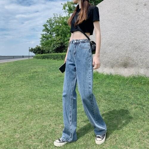 Autumn High Waist Jeans Womens Loose Wide-Leg Trousers Retro Straight Jeans 2020 New Fashion Ladies Jeans Adjustable Streetwear