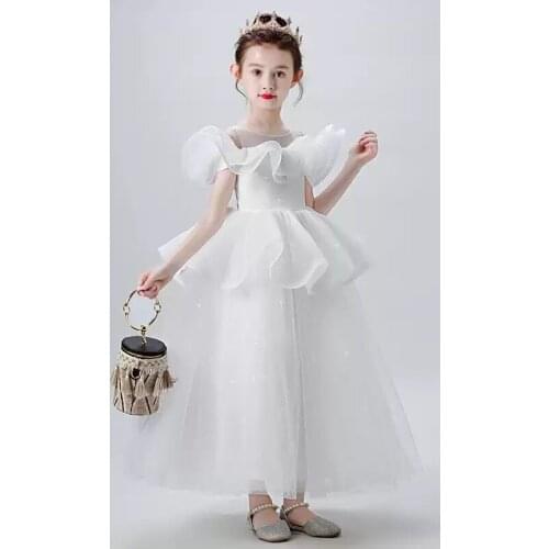 Flower Girl Dresses Illusion O-Neck Short Sequined Princess Floor-Length Tulle Lace Off The Shoulder White Kids Party Gown H483