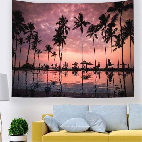 2021Hawkalice Sunset Beach Tapestry Seaside Tapestry Palm Tree Sea View Wall Art Coconut Grove Tapestry Wall Hanging Home Dector